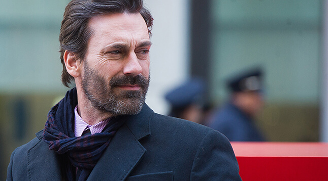 Jon Hamm helps unveil a "Mad Men" bench in front of the Time & Life Building on Monday, March 23, 2015 in New York. (Photo by Charles Sykes/Invision/AP)